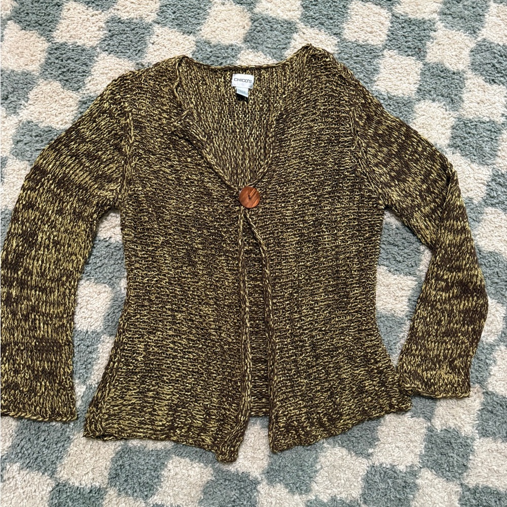 CHICO’S Size Large Open Knit Weave Cardigan Sweater Artsy Lagenlook Boho Button